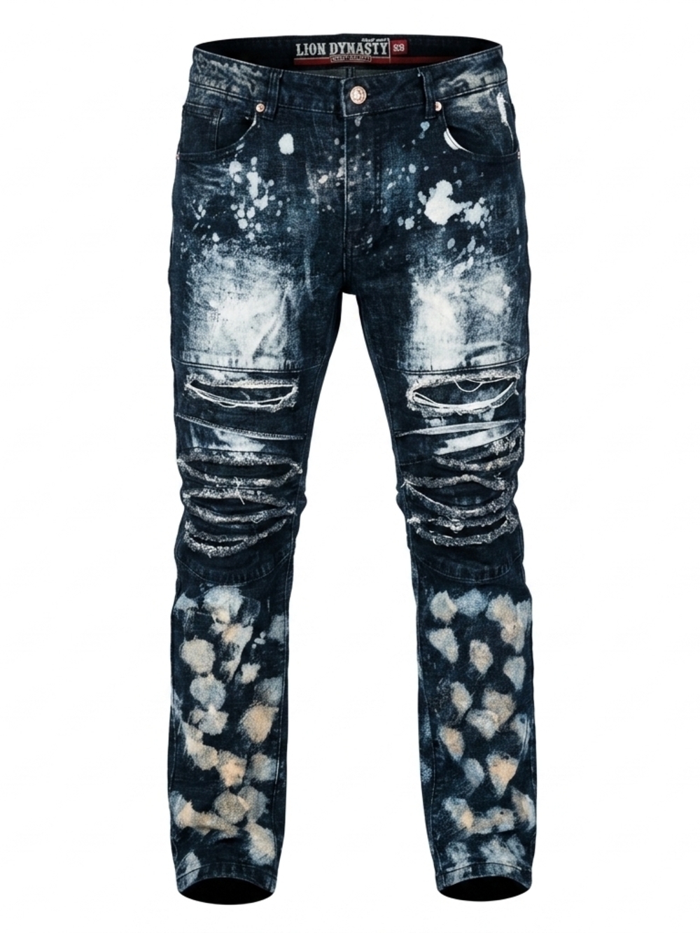 LION‎ DYNASTY Moto Distressed Bleach Splatter Slim Biker Jeans Size 36
